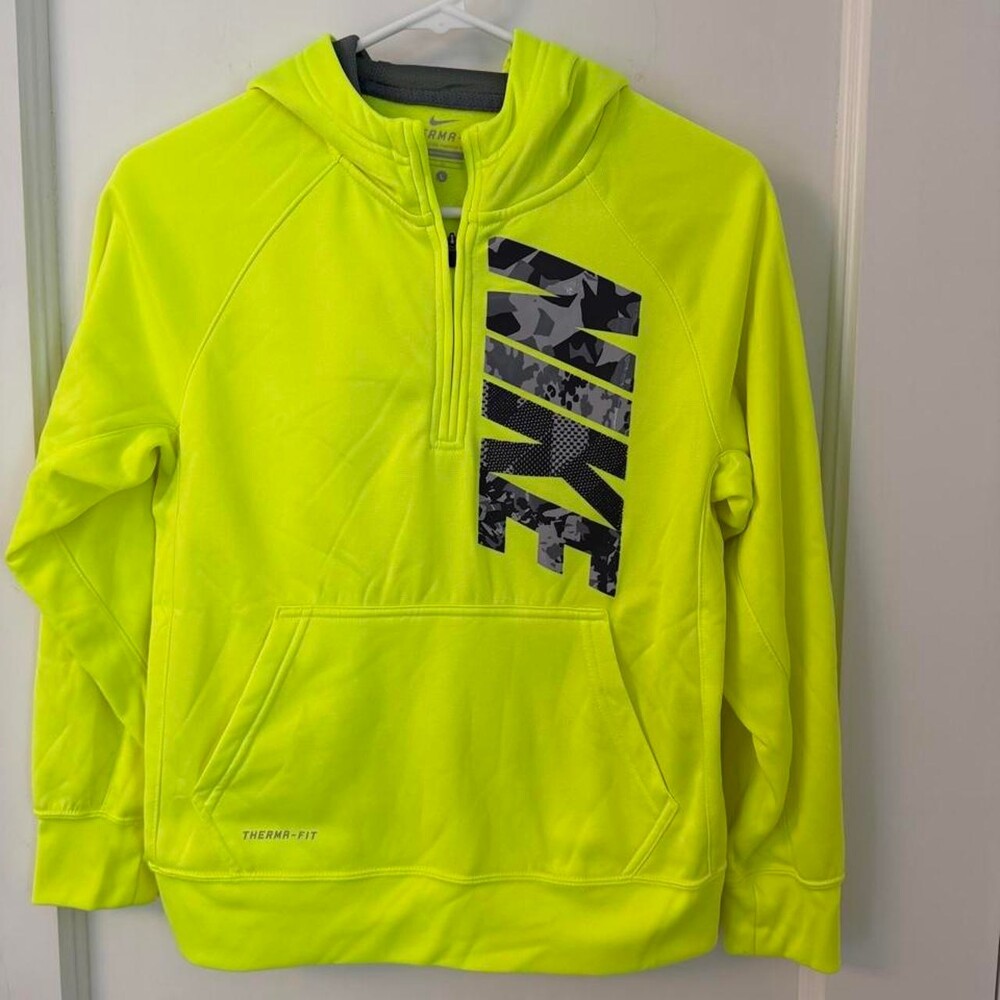 Nike Therma-Fit Hoodie in neon yellow with black camouflage Nike logo, size yout